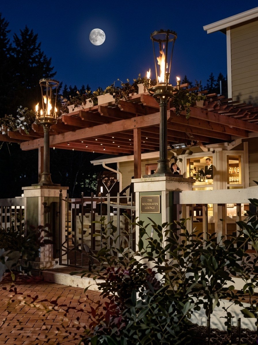 Tempest Torch pergola at night with moonlight